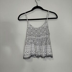 LA Hearts Grey Geometric Medallion Print Cropped Lace Trim Cami Tank Top Small